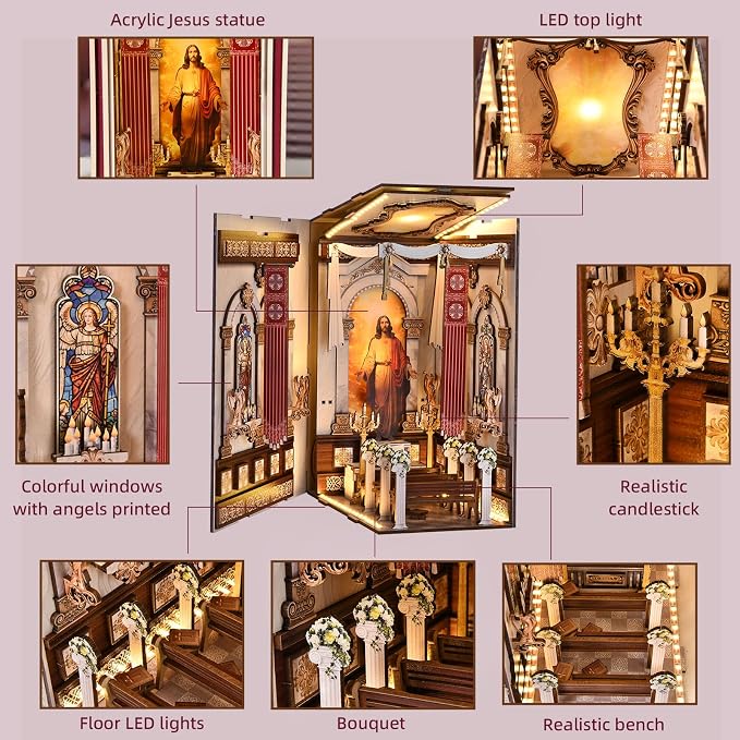 Book Nook Kit, Simple Booknook Bookend, Miniature Dollhouse House Kit | DIY 3D Wooden Puzzle for Beginner, Model Building with LED Light and Dust Cover,Jesus Christ Church Cathedral
