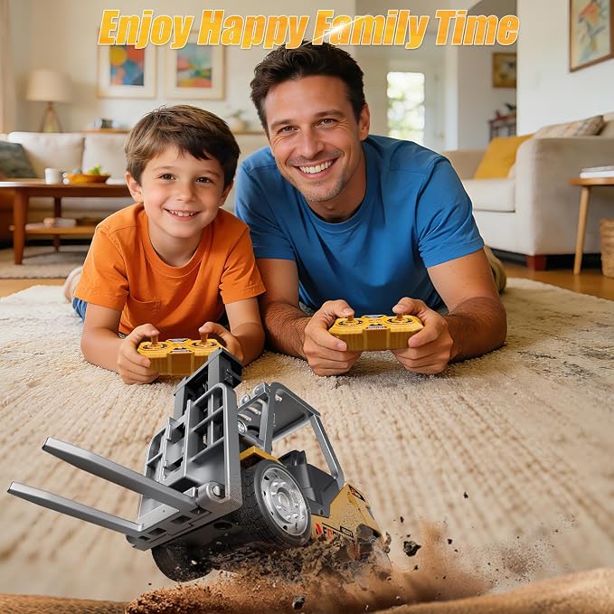 Mini Forklift Remote Control 1:64 RC Forklift Toy, 2.4GHz Construction Vehicle with LED Music, Variable Speed 2-in-1 Transformable Lift Fork & Hook, Includes 4 Road Barriers, Gift for Kids & Adults
