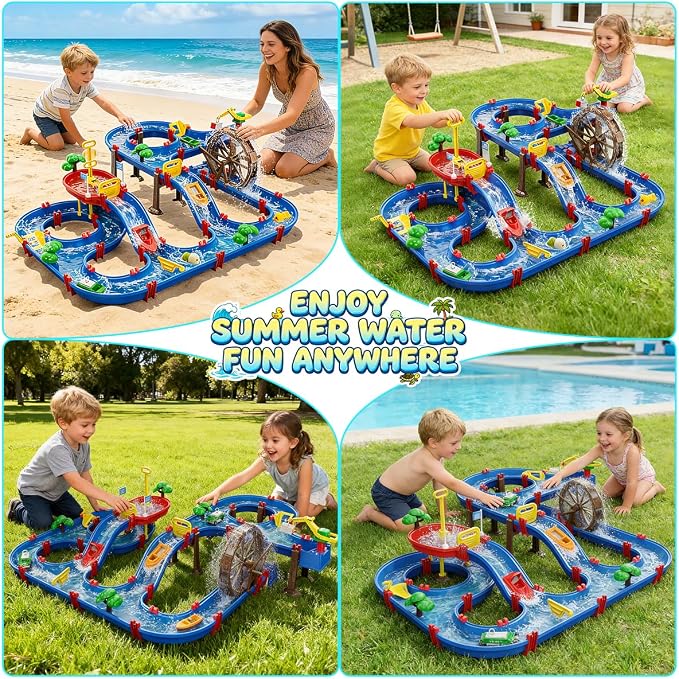 VATOS 2-Tier Watermill Summer Water Table, 124 PCS DIY Water Table with Water Pump Toys for Toddlers 3-5 4-7 Years Old, Fun Water Playset Outdoor Water Summer Toys for Backyard, Beach, Balcony, Garden