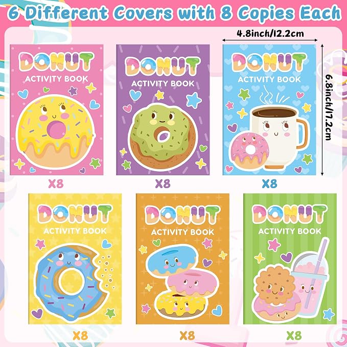 Donut Activity Books for Kids - 48Pcs Cute Doughnut Mini Game Coloring Booklet Bulk Maze Word Scramble Word Search Games for Birthday School DIY Activity Supplies Classroom Reward Goodies Bag Stuffer