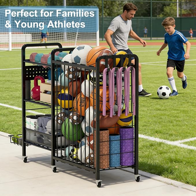 Sports Equipment Garage Organizer,Garage Ball Storage Rack for Sports with Wheels-Upgraded 3 Layers Organizer Rack Outdoor Basketball Racks for Balls with Holder and Hooks (Deep Black)