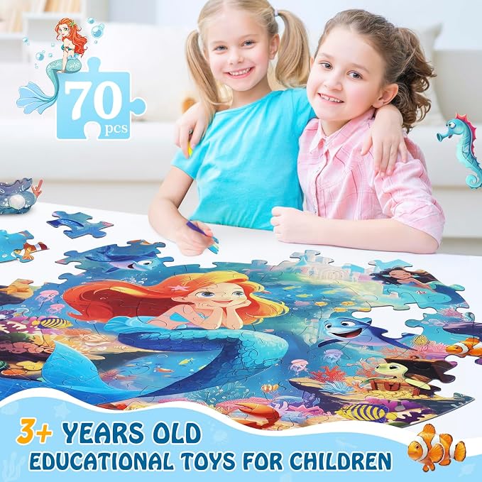 DIGOBAY Floor Puzzles for Kids Ages 3-5, 70 Pieces Mermaid Jigsaw Puzzle for Toddler Girls Ages 3 4 5 6 7 8 Year Old, Large Round Underwater Princess Puzzle Educational Learning Toys Birthday Gift