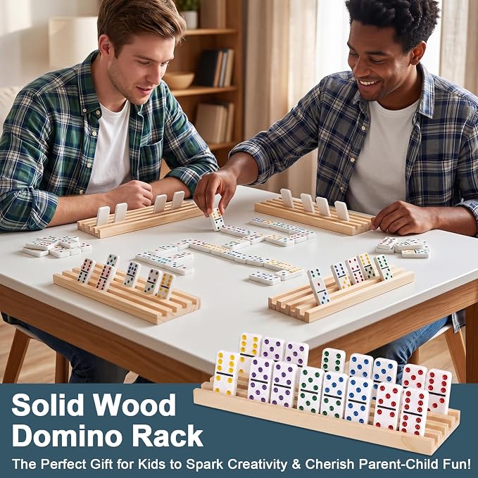 Soulchen Natural Wood Color Wooden Domino Racks Set of 8, Wood Domino Tiles Trays Holders Organizer for Mexican Train Classic Board Accessories, Dominoes Not Included (12 x 3.6 Inch)