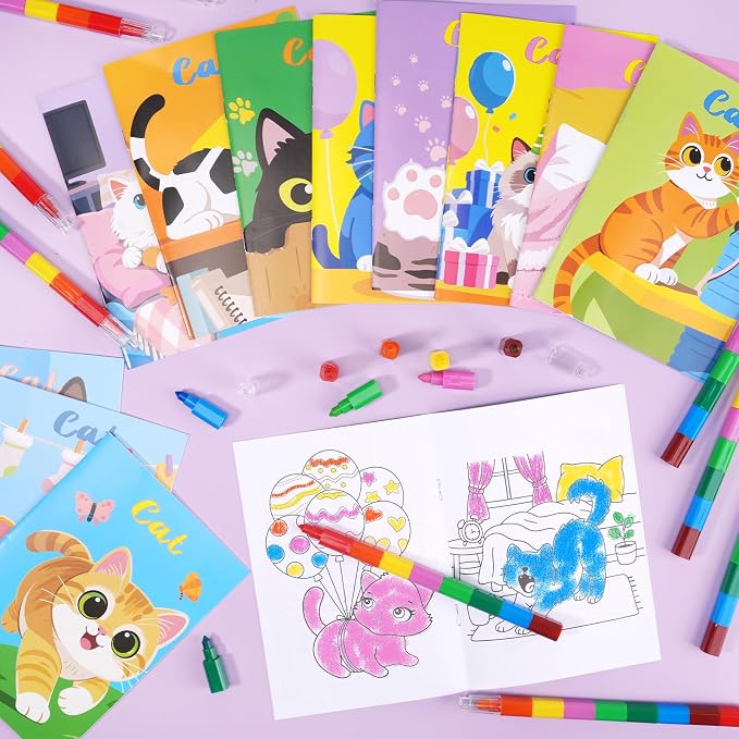 BenLouis 24 Pcs Cat Mini Coloring Books Kids Cute Kitten Small Activity Books Bulk for Girl Boys Kids Pet Birthday Themed Goodie Bags Stuffers Return Gifts Classroom Travel