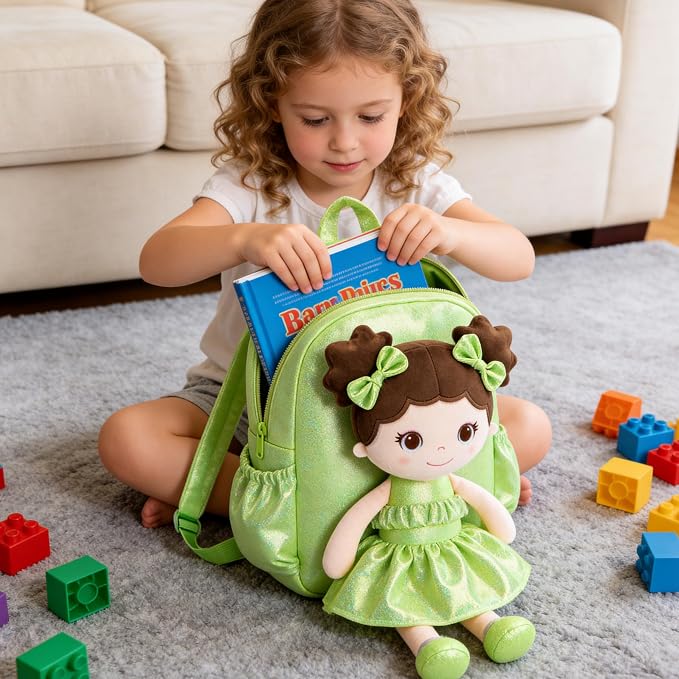 Lazada Toddler Backpack - Baby Girl Gifts Curly Fingerprints Plush Doll Dress Backpack - Fashion Girls Curly Rolled Fingerprints Series - Fluorescent Green 11 Inches
