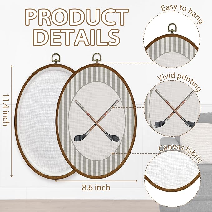 WULQYING Hockey Stick Sports Nursery Wall Art Decor, Boys Room Oval Framed Canvas Art Prints, Neutral Striped Sport Lover Gift Wall Hanging Decor for Kids Nursery Room Playroom, 8.5x11.3 Inches
