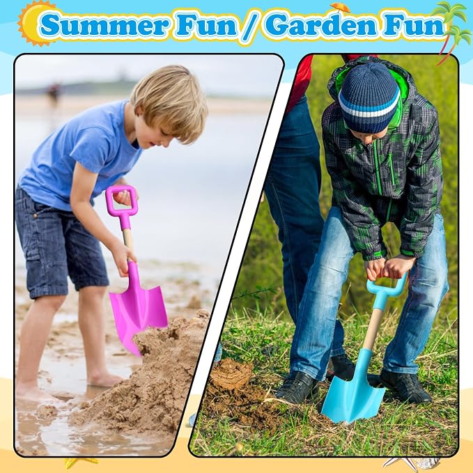 Umnodobn Beach Sand Toys 16" Shovels for Kids Adults, 16 Inch Spade Scoop Gardening Tools, Sandbox Kit Wood Handle Spade for Garden Outdoor Snow Backyard Summer 3 Gift Pack Pink Yellow Blue