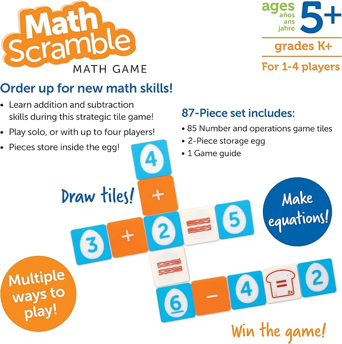 Learning Resources Math Scramble Game - 87 pieces, Ages 5+, Math Manipulatives for Kids, Addition and Subtraction, STEM