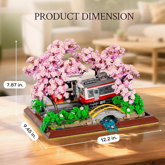 Wise Block Cherry Blossom Train Diorama Building Set – Japanese Artificial Bonsai Tree Block Set for Home Office Botanical Decor, 3150 Pcs