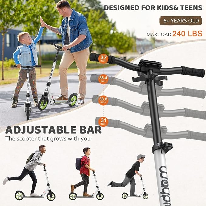 WAYPLUS KS1 Kick Scooter for Ages 6+,Kid, Teens & Adults. Max Load 240 LBS. Foldable, Lightweight, 8IN Big Wheels for Kids, Teen and Adults, 4 Adjustable Levels. Bearing ABEC9 FED Fitness