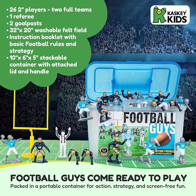 Kaskey Kids Football Guys, Green vs. Black, 30 Pieces in Each Set, Includes 2 Teams, Accessories, and Travel Storage Case, Nostalgic Sports Action Figures for Imaginative Play, Ages 3 and Up