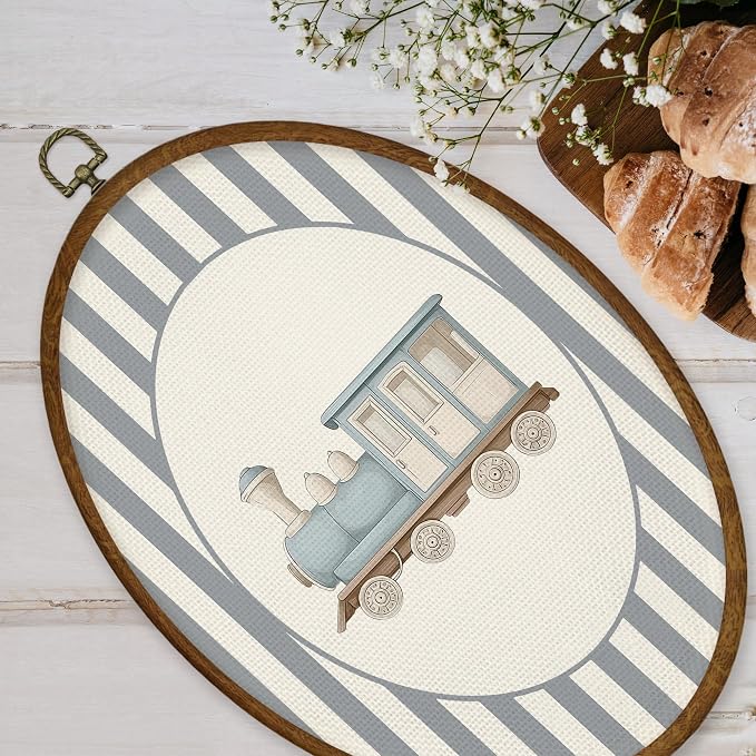 WULQYING Train Boy Nursery Wall Art Decor, Kids Oval Framed Canvas Art Prints, Blue Striped Train Vehicle Wall Hanging Decor for Kids Boy Nursery Room Bedroom Playroom, 8.5x11.4 Inches