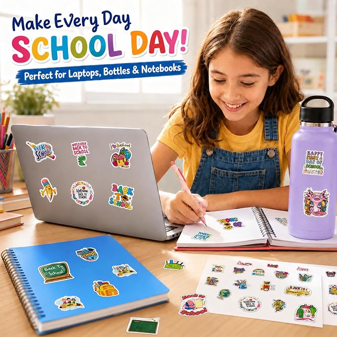 QTL Black to School Stickers for Students, Black to School Party Supplies, Waterproof Vinyl Stickers for Water Bottle Laptop, 60 Pcs