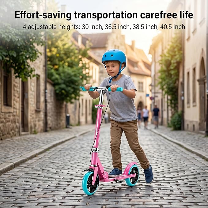 Scooters for Kids 8-12, Teens & Adults - Foldable&Portable Commuter Scooter with 8" Wheels, Bell, Hand Brake & Adjustable Height 30"-40.5", 240 lbs, Manual Push Scooter for Campus & Park
