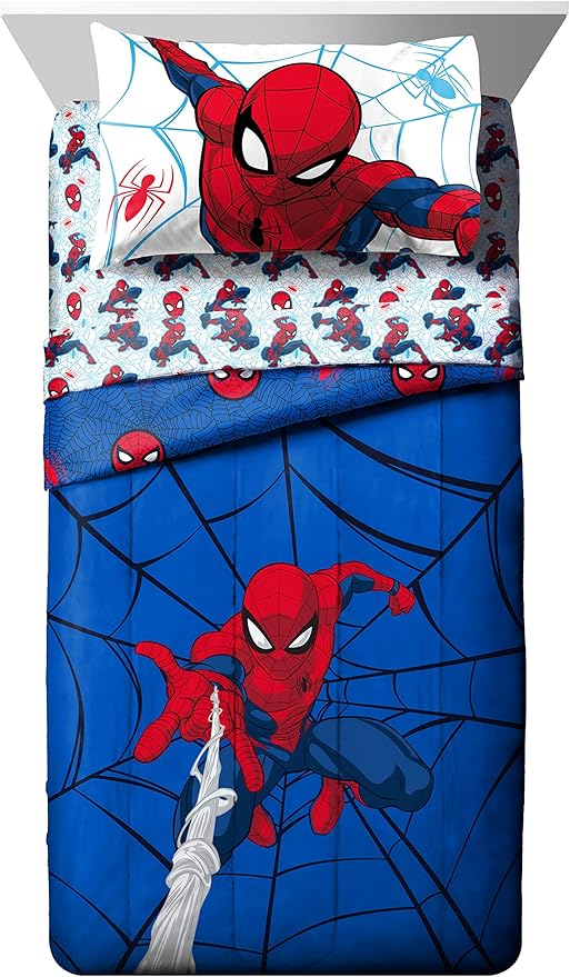 Jay Franco Marvel Spiderman 4 Piece Toddler Comforter Set - Super Soft Reversible Kids Bedding, Fade Resistant Microfiber, Machine Washable, Comforter & Sheet Set (Official Marvel Product)