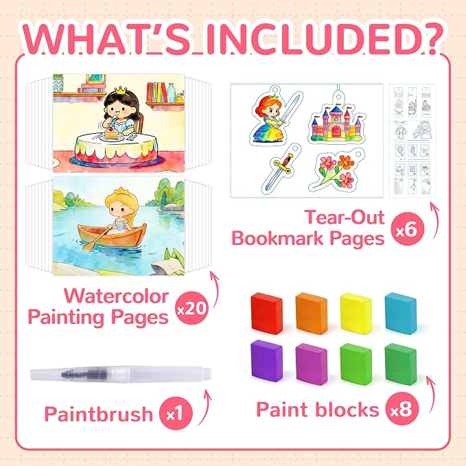 YPLUS Paint with Water Coloring Book for Toddlers, Mess Free Watercolor Painting Set with Brush, 26 Pages & 8 Color Palettes, DIY Art Craft Travel Toy Gift for Kids Ages 1-3 2-4 4-6 (Princess)