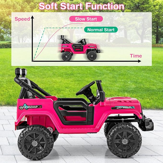 Costzon 12V Kids Ride on Truck Car, Electric Vehicle w/Remote Control, Threaded Wheels, 3 Speeds, LED Lights, Music, Horn & Wireless Connection, Ride on Toy for Boys & Girls 3+ (Hot Pink)