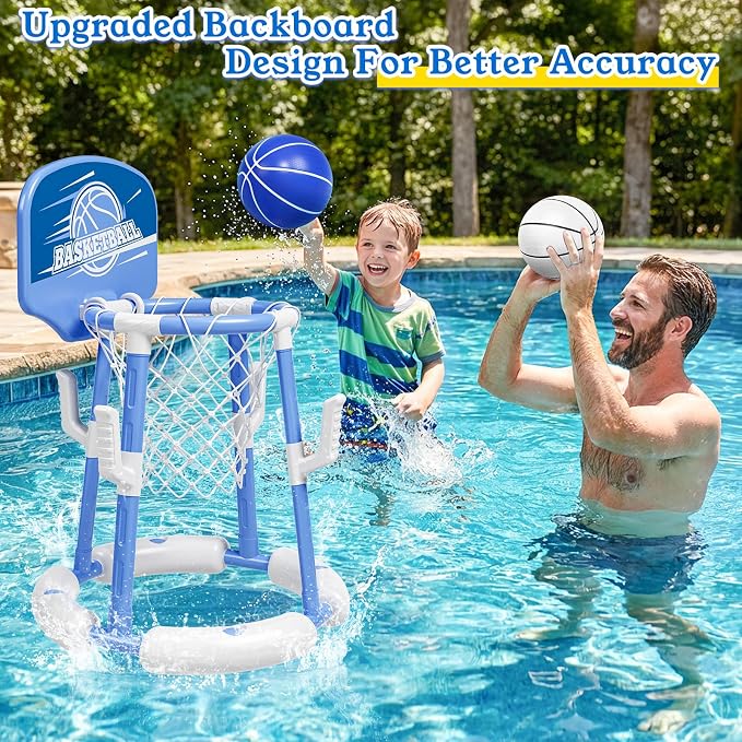 2 in 1 Pool Basketball Hoop with Backboard & Ring Toss Game,Floating Pool Toys with 4 Balls 8 Rings&Pump Summer Water Basketball Indoor Outdoor Toy Gifts Family Party for Kids Age 3-5 4-8 8-12& Adult