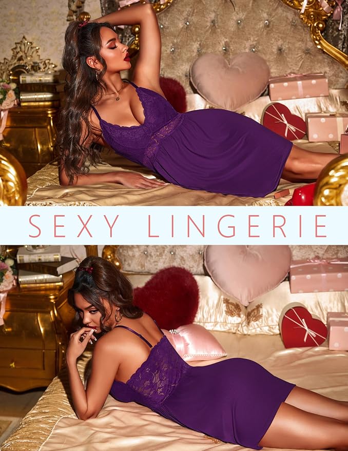 Ekouaer Lingerie for Women Sexy Nightgown Lace Trim Sleep Dress Chemise Nightgowns Sleeveless Night Gown Sleepwear S-3XL