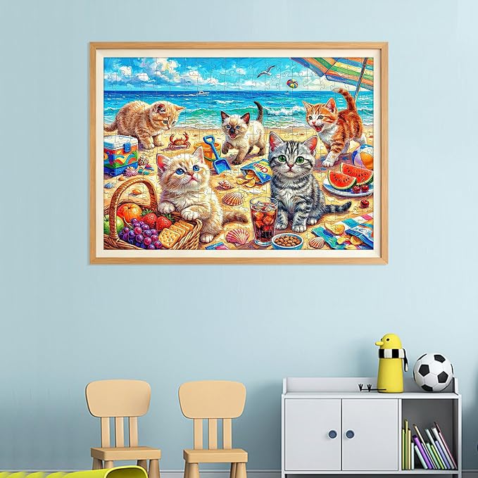 Puzzles for Kids Ages 6-8 8-10, 200 Piece Jigsaw Puzzles for Kids and Adults - Beach Kitten, Learning Educational Puzzles Toys for Boys and Girls