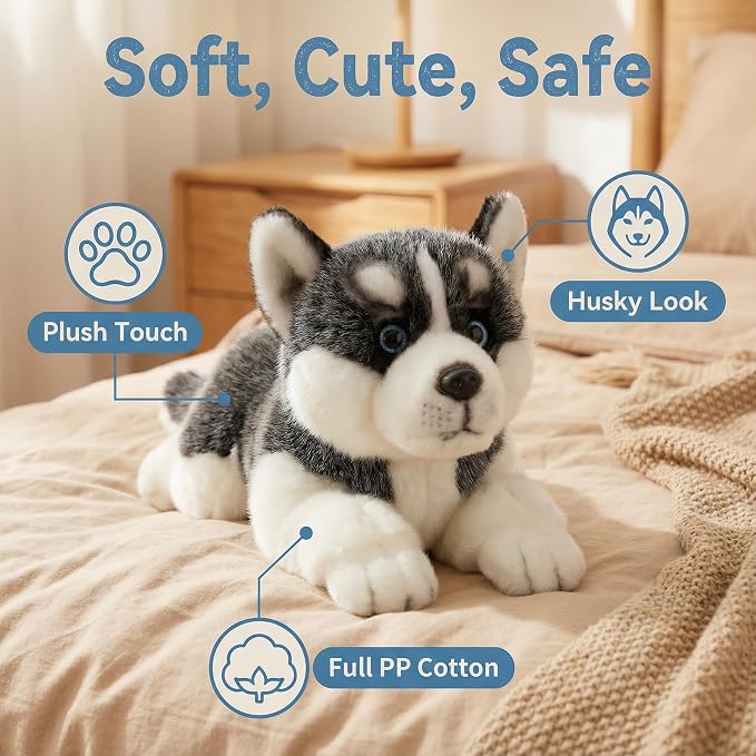 CU-MATE 16" Plush Siberian Husky Dog Toys, Simulation-Realistic & Lifelike Soft Stuffed Animal Dog, Handmade Lying Stuffed Dog Toys, Present Gift for Boys and Girls