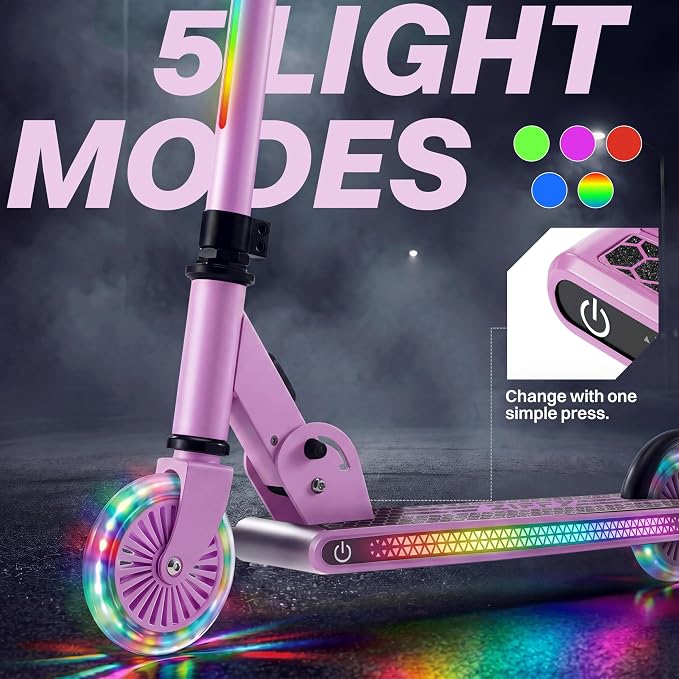 JOVA ZIFFY Light Up Scooter for Kids 3-12, 2 Wheel Foldable Kids Kick Scooter, 3 Adjustable Height, ABEC-7 Bearing with 4'' PU Wheels, Rear Foot Brake, Gift for Boys& Girls (Up to 110lb)
