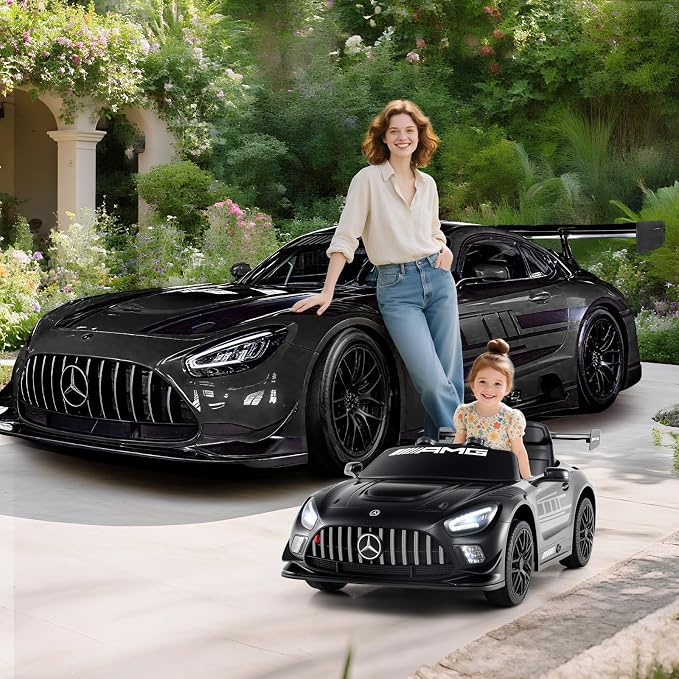 Costzon Ride on Car, 12V Licensed Mercedes-AMG GT3 Kids Car with Remote Control, 3 Speeds, LED Lights, Music, Wireless, Transport Wheels & Soft Start, Electric Vehicle for Toddlers Aged 3+ (Black)