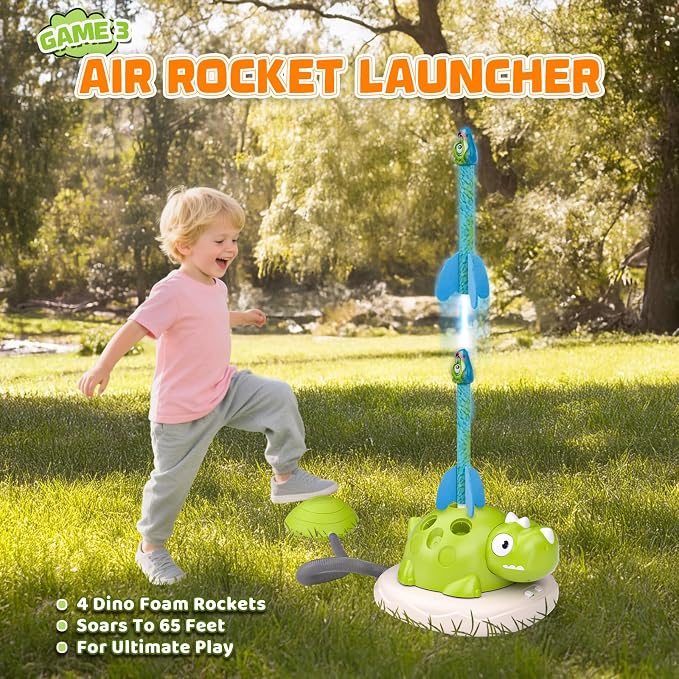 Aliex 3 in 1 Dinosaur Musical Jumping, Toss Ring and Stomping Launch Rocket Launcher, Indoor & Outdoor Sports Toys with Remote Control for Kids Ages 3-8 4-6,Active Outside Toy Gift for Boys and Girls