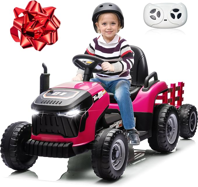 JOYRACER 24V Ride On Tractor for Kids, Electric Ride on Toys w/400W Motors, Tiltable & Detachable Trailer, Adjustable Seat, Bluetooth, Music, Remote Control Electric Tractor for Kids, Pink