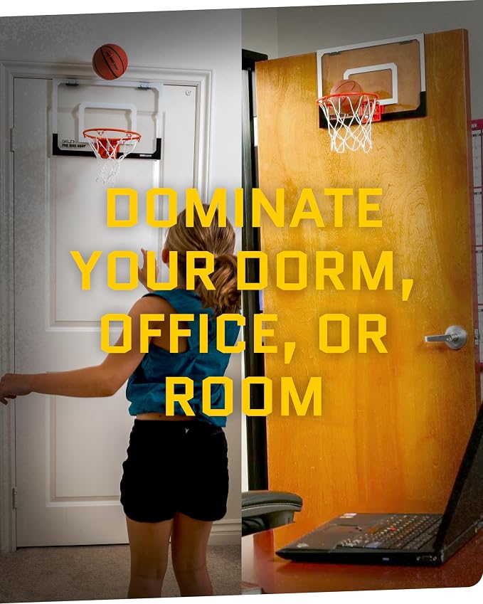 SKLZ Pro Mini Indoor Basketball Hoop with Ball, Over the Door, Shatter-Proof Backboard, Spring-Action Break-Away Steel Rim, Great for Home, Dorm Room, and Office