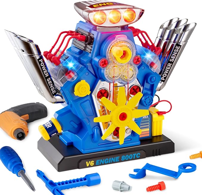 POFJOEQ STEM New V6 Engine Model Building Kit，60-Piece Take Apart Toy with Realistic Lights & Sounds, Tools - Mechanic Repair Playset for Kids Ages 3-5