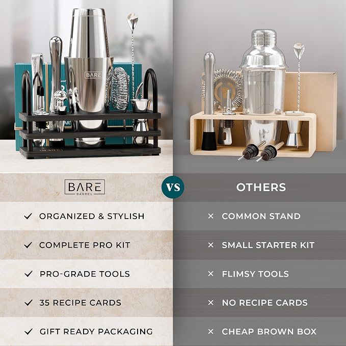 BARE BARREL® Mixology Bartender Kit Bar Set | 14-Piece Cocktail Shaker Set | Martini Barware Mixing Tools for Home Bartending | 35 Recipe Cards | Gift Set (28oz Boston Shaker, Silver/Black)