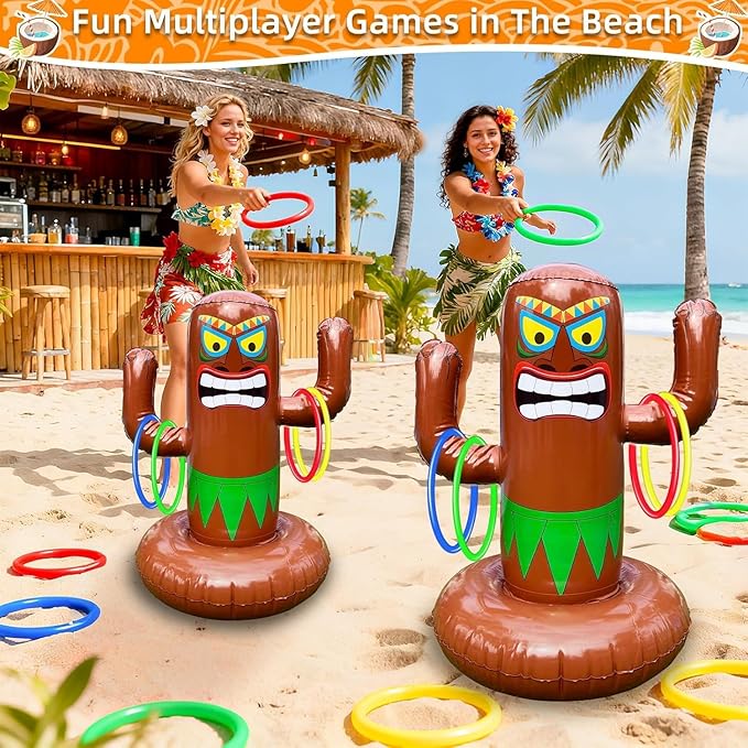 27" Inflatable Luau Tiki Pool Toss Games, Tiki Pool Ring Toss Toys with 4 Rings for Adults Indoor Outdoor Tropical Summer Swimming Inflatable Bean Bags Toss Hawaiian Luau Party Supplies