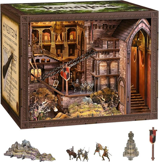 MiniCity DIY Book Nook Kit - The Castle's Escape 3D Miniature Wooden Scene with LED Lights, Dustcover & Tools for Shelf Decor (Robin Hood)