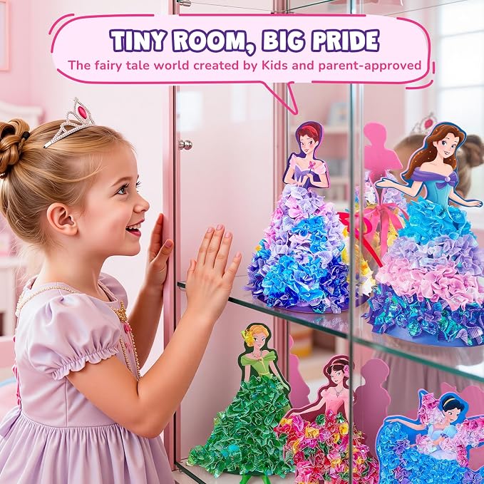 Poke-in Craft Kit for Girls, 3D Castle Princess Dress Up DIY Set with Fairy Tale Castle Scene, Paper Craft Kits, Mess-Free Creative Activity, Arts and Crafts & Birthday Gift for Girls Age 4-8 Year Old