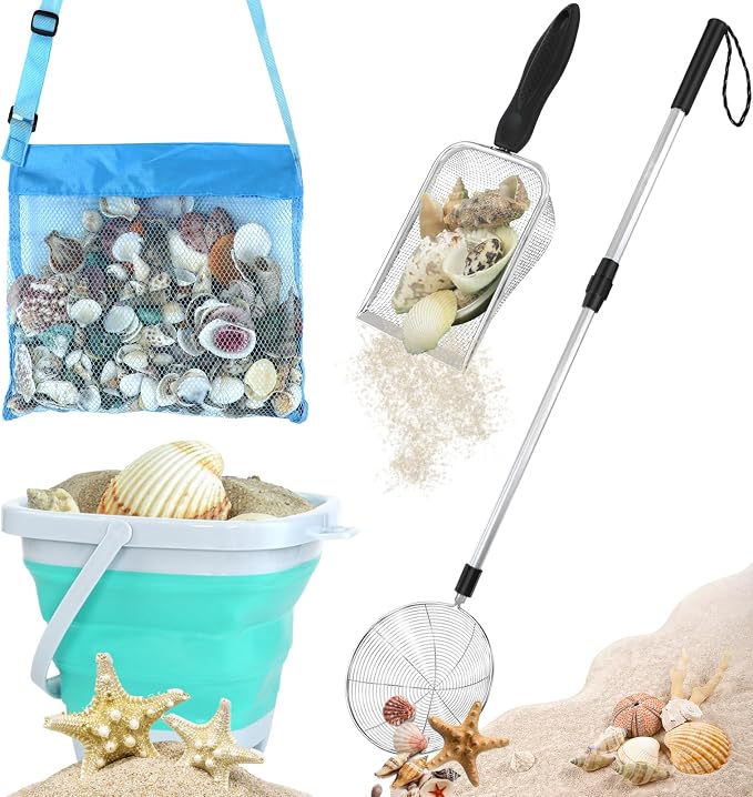 fethwoin Shark Tooth Sifter, Beach Sand Sifter, Sea Shell Scooper for Beach, Shell Bags&Foldable Bucket, Sand Beach Toys for Kids 6 8 10 12, Medium, Blue