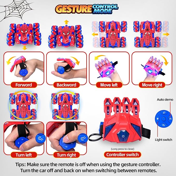 Spider Gesture Sensing Remote Control Car, 2.4GHz Hand Controlled RC Cars with full-Body Light, Double Sided 360° Rotating Rechargeable RC Stunt Car Birthday Gift Toys for Boys 4 5 6 7 8 9 10 11 12