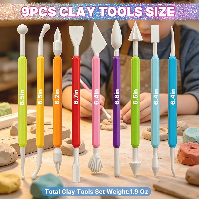ZILVIAZ 9PCS Clay Sculpting Tools Set, Double-Ended Plastic Modeling Tools for Air Dry & Polymer Clay, Safe Easy-Grip Kit for Kids & Adults Beginners DIY Craft & Cake Decorating, Colorful