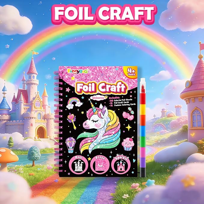 FUNNYB&G Foil Art Craft Kit for Girls 4-10 Years Old: Mess-Free & No-Glue, Create 16 Sparkly Unicorns Pictures – Perfect Travel Toy & Birthday Gift for Kids（Unicorns）