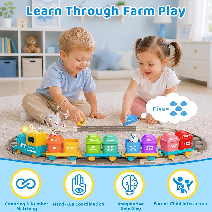 Train Set for Toddlers 2-4, Electric Toddler Train Set with Farm Animals, Music & Lights, Montessori Counting & Sorting Learning Toy, Birthday Easter for Boys Girls (Blue/Yellow)