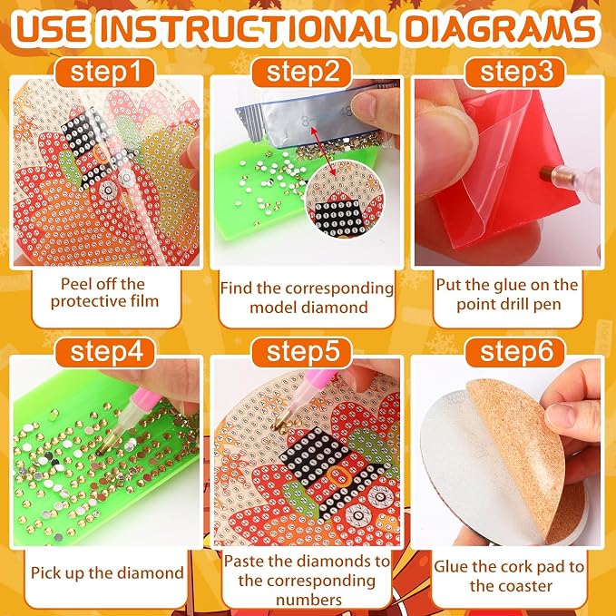 UPINS 8Pcs Fall Diamond Art Coasters with Holder Thanksgiving Diamond Turkey Art Coasters Kits for Adults Kids Beginners Diamond Craft Supplies