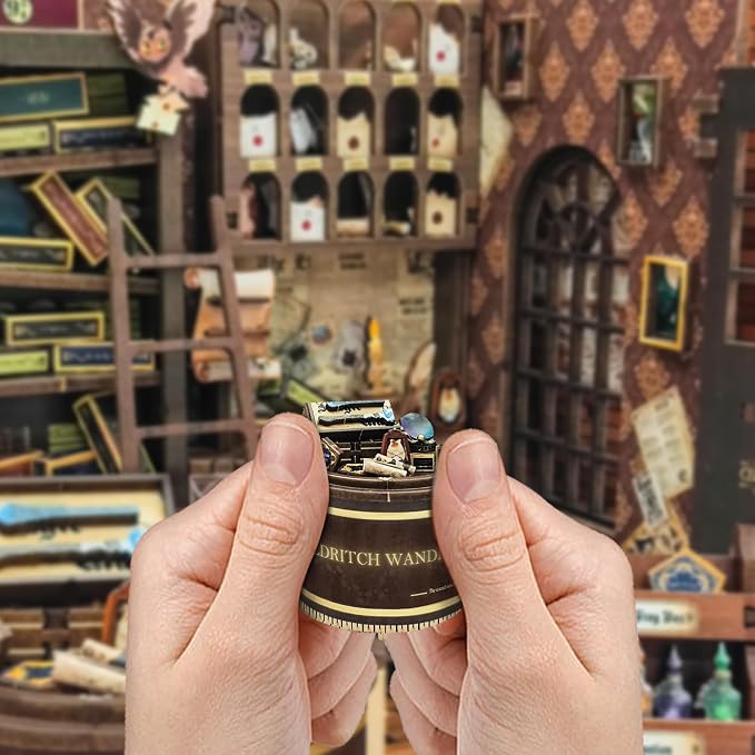 DIY Book Nook Kit,DIY Miniature Dollhouse kit,3D Wooden Puzzle Magic Bookend Bookshelf Insert Decor with Led Light,Gifts for Adults Teens and Beginners -Magic Wand Shop(SQ-51)