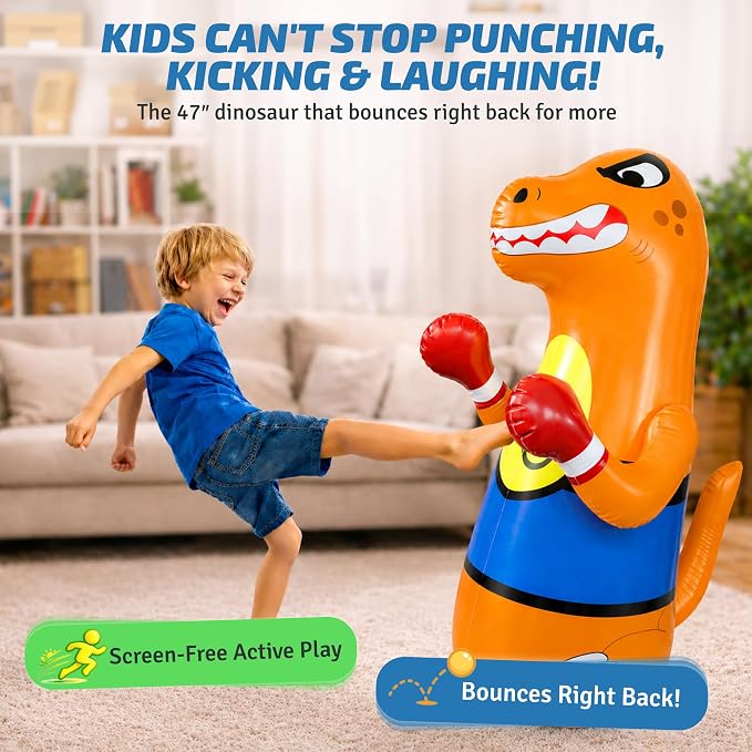 Preferred Toys 47" Inflatable Dinosaur Punching Bag for Kids - Durable Blow Up Kids Punching Bag with Bounce Back Base - Inflatable Indoor Outdoor Active Toddler Bop Play Toy