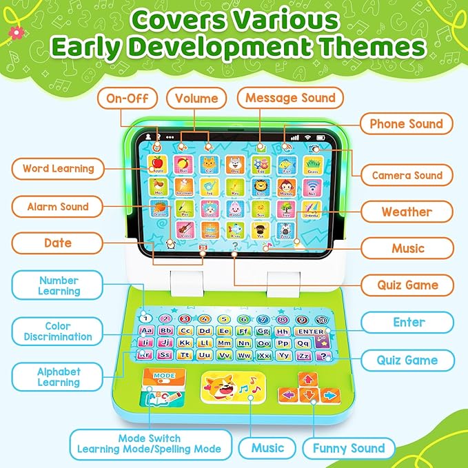 2 -in-1 Kids Laptop Tablet with Music Light Sound, Learning Toy for 1 2 3 Year Old Boys Girls, Interactive Educational Toys for Toddler 1-3, 1st Birthday First for Baby 12-18 Months