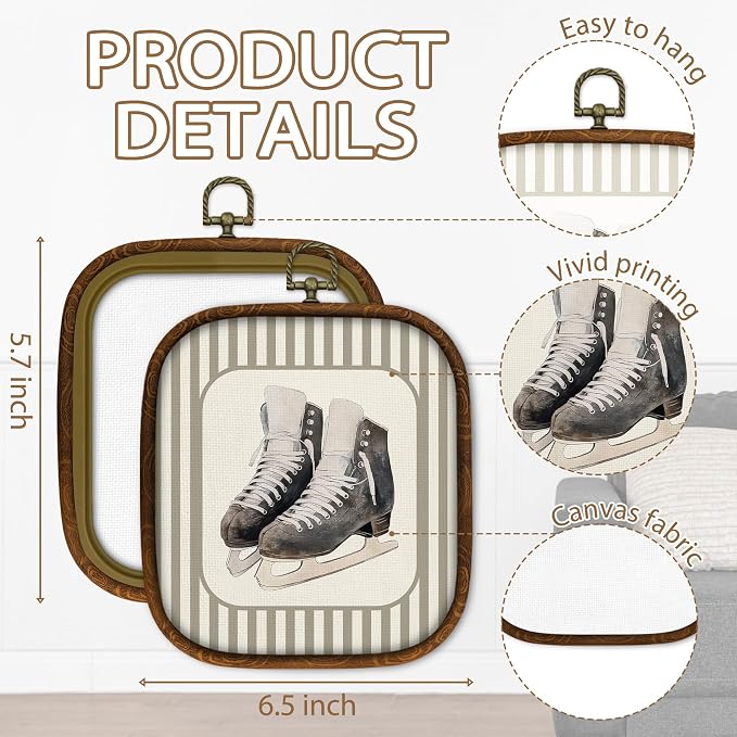WULQYING Hockey Skates Sports Nursery Wall Art Decor, Boys Room Square Framed Canvas Art Prints, Neutral Striped Sport Lover Gift Wall Hanging Decor for Kids Nursery Room Playroom, 5.7x6.5 Inches