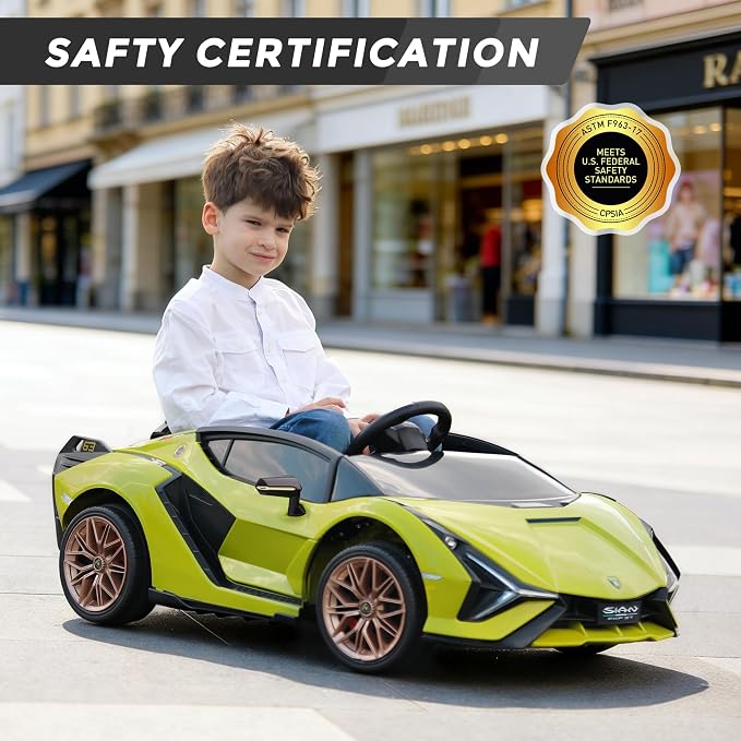 TOBBI 12V Kids Electric Ride On Car, Licensed Lamborghini SIAN Parente Remote Control Toy Toddler Battery Powered 4 Wheeler Vehicle to Drive with Safety Belt/Horn & LED Lights for Children 1-6-Green