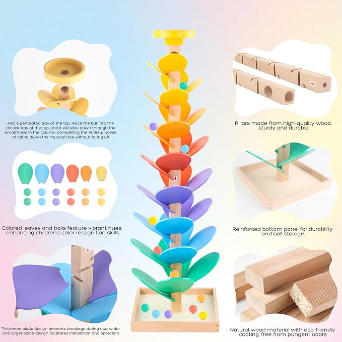 Wooden Marble Run Music Tree, Montessori Toy for Ages 3+, Marble Run Learning Game, Creative Color Sorting Toy, Birthday Gift for Boys and Girls Ages 4-8