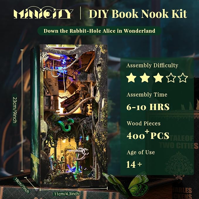 MiniCity DIY Book Nook Kit for Adults, 3D Wooden Puzzle Bookend Bookshelf Insert Decor with LED Light and Dust Cover (Down The Rabbit-Hole Alice in Wonderland)