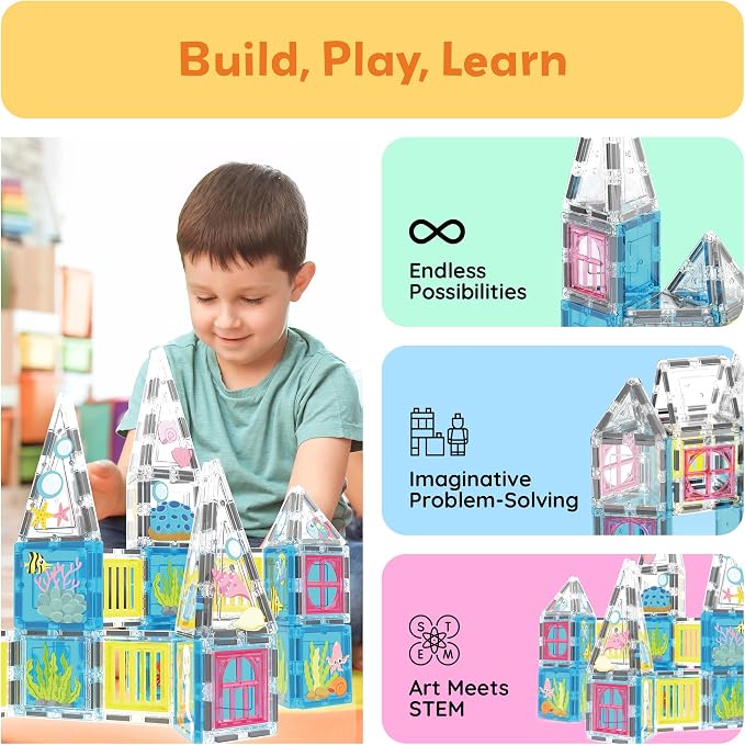 PicassoTiles 50 Piece Magnetic Tiles Mermaid Theme Magnet Building Blocks Toddler Toy Educational STEM Learning Kit Construction Set Pretend Play Preschool Kid Game Toddler Girl Boy Ages 3 & Up PTQ34