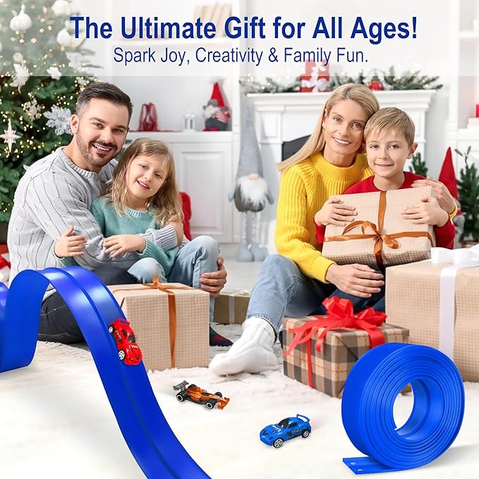 Flexible Race Track for Kids Starter Set - 20FT Flex Race Car Ramp Track with Strong Suction Cups, Rolls Up Portable DIY Racetrack Compatible with Hot Wheels & Diecast 1/64th Cars